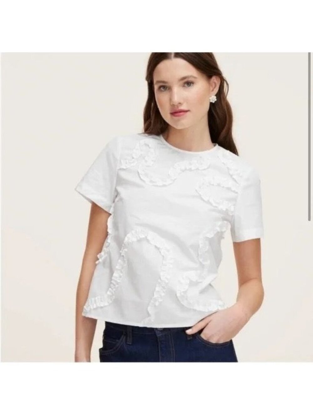 Kate Spade White Ruffle Short Sleeve Top Medium Blouse Cotton EUC Feminine